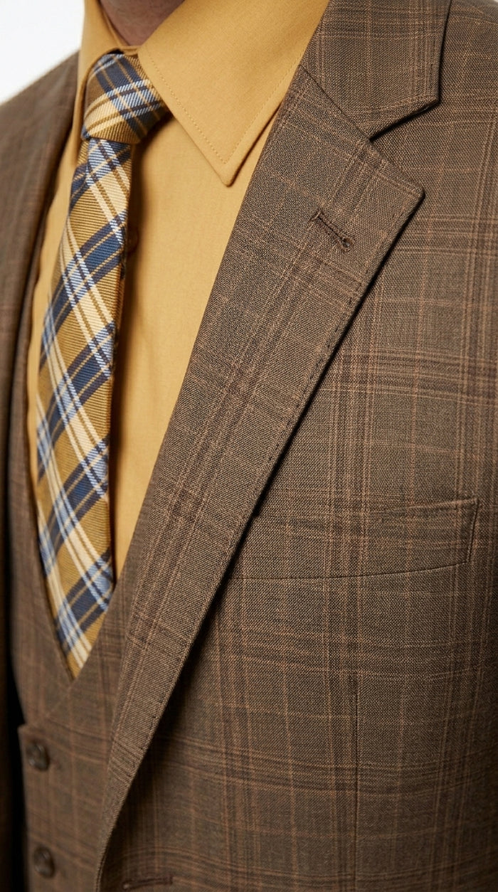 Men’s Brown Windowpane Plaid 3 Piece Suit, Two Button Peak Lapel Classic Formal Suit Set