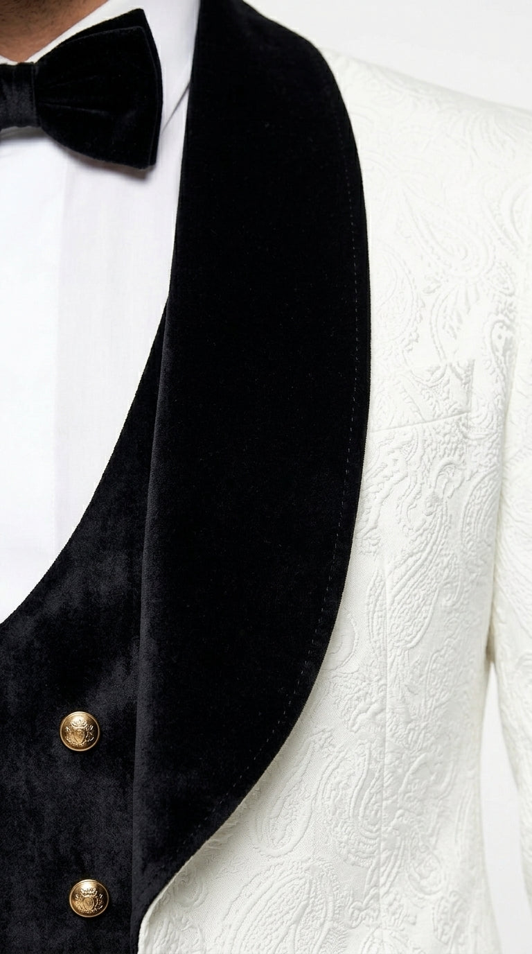 Men’s White Paisley 4 Piece Groom Wedding Suit with Black Velvet Shawl Collar and Matching Bowtie