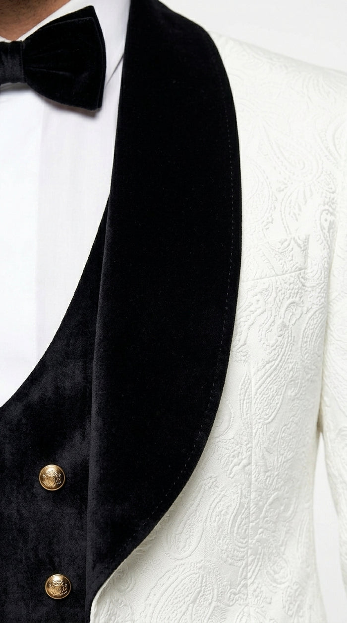 Men’s White Paisley 4 Piece Groom Wedding Suit with Black Velvet Shawl Collar and Matching Bowtie