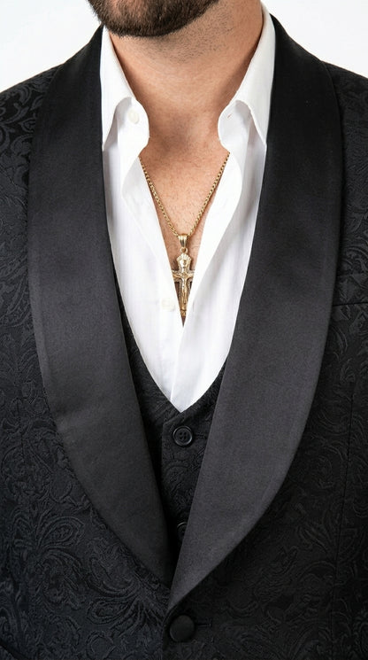 Men’s Black Paisley Jacquard Blazer with Satin Shawl Lapel, Western Formal Designer Jacket