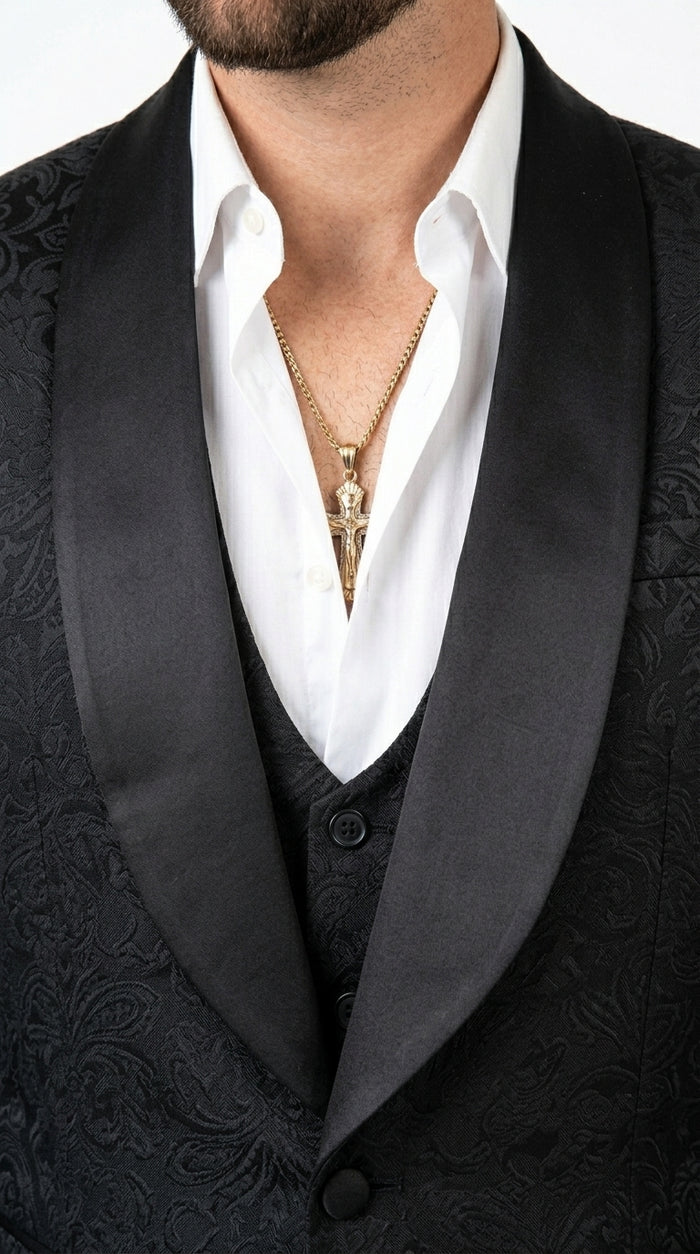 Men’s Black Paisley Jacquard Blazer with Satin Shawl Lapel, Western Formal Designer Jacket