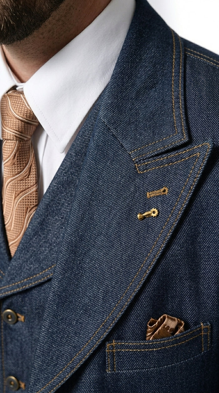 Men’s Blue Denim Zoot Suit, Long Vested Vintage Jeans Style Formal Suit Set