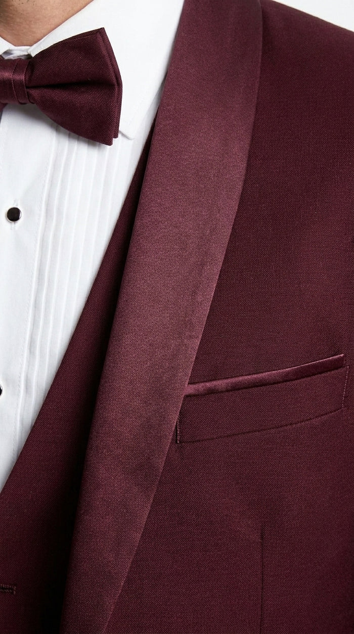 Men’s Burgundy Wool Vested Shawl Prom Tuxedo with One Button Jacket and Matching Pants