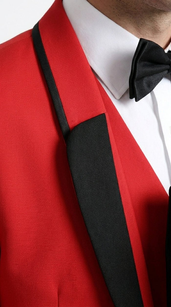 Men’s Red and Black One Button Shawl Tuxedo with Satin Trim, Formal Wedding Prom Dinner Suit