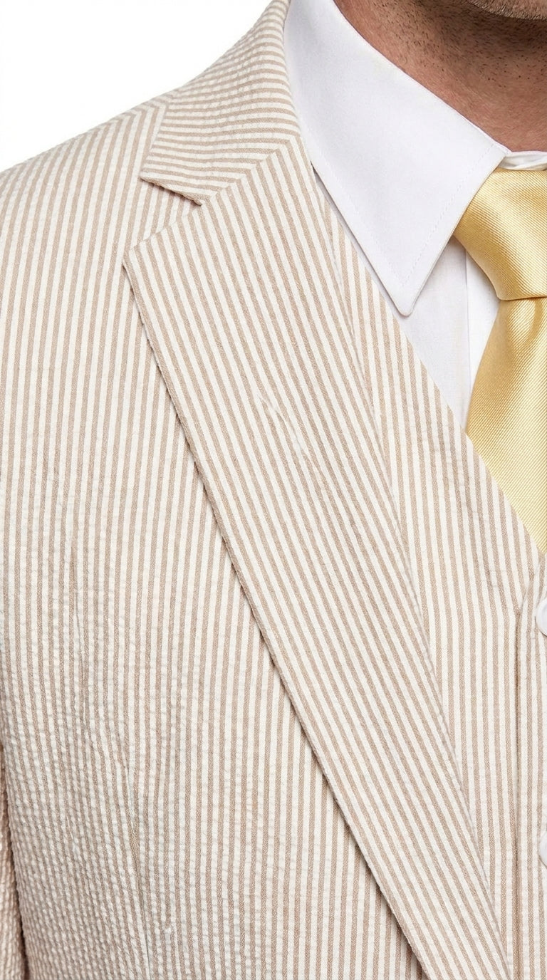 Men’s Tan Seersucker Summer Suit with 2 Button Jacket, Vest and Matching Pants