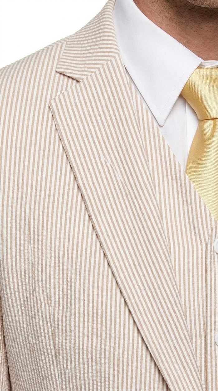 Men’s Tan Seersucker Summer Suit with 2 Button Jacket, Vest and Matching Pants