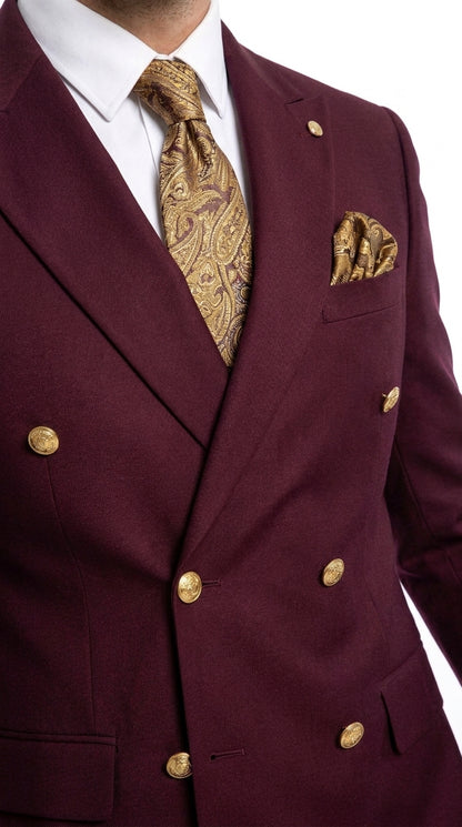 Men’s Burgundy Double Breasted Suit with Gold Buttons, Formal Wedding Prom Dress Suit