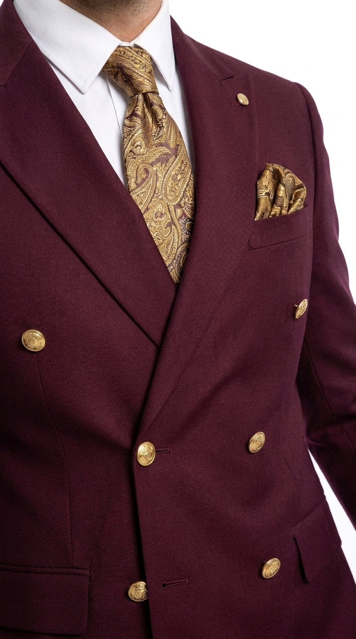 Men’s Burgundy Double Breasted Suit with Gold Buttons, Formal Wedding Prom Dress Suit