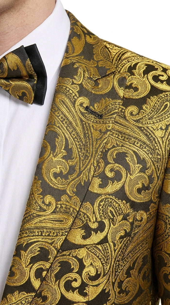 Men’s Gold Paisley Dinner Jacket Blazer – Fancy Formal Wedding Prom Party Tuxedo Jacket