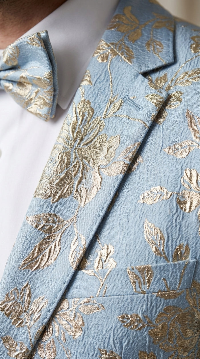 Men’s Sky Blue and Silver Foil Paisley Blazer, 2 Button Prom Wedding Party Dinner Jacket