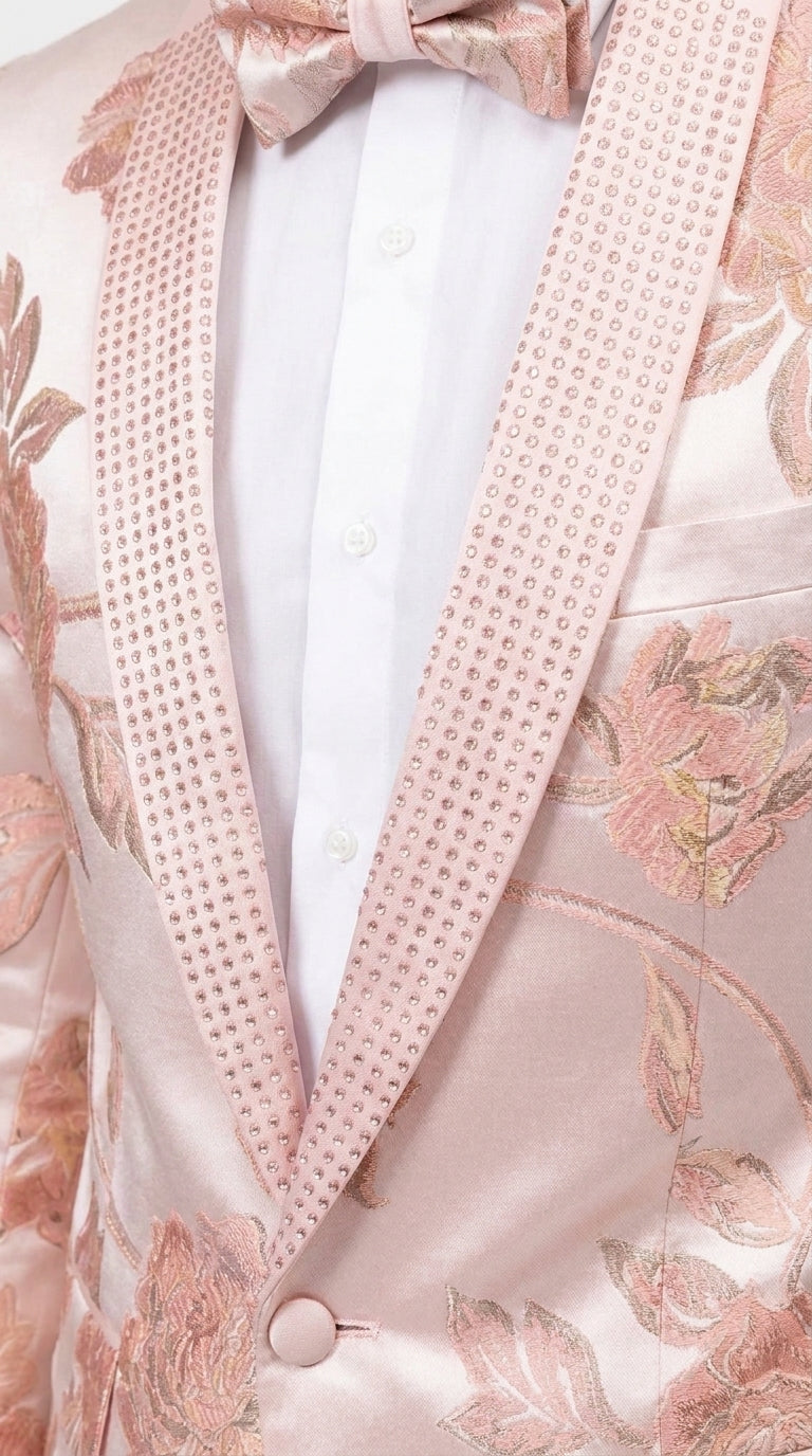 Men’s Pink Satin Paisley Prom Tuxedo Dinner Jacket, Floral Sport Coat Wedding Party Blazer