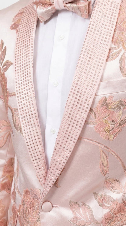 Men’s Pink Satin Paisley Prom Tuxedo Dinner Jacket, Floral Sport Coat Wedding Party Blazer