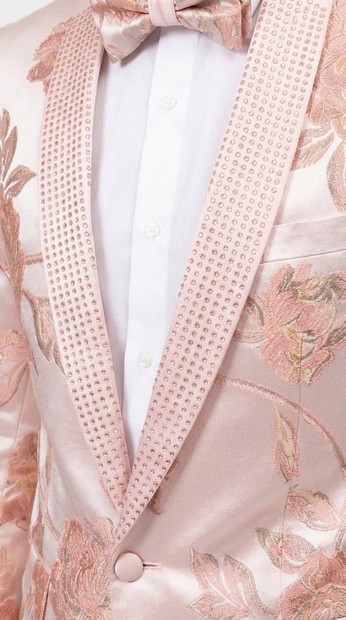 Men’s Pink Satin Paisley Prom Tuxedo Dinner Jacket, Floral Sport Coat Wedding Party Blazer
