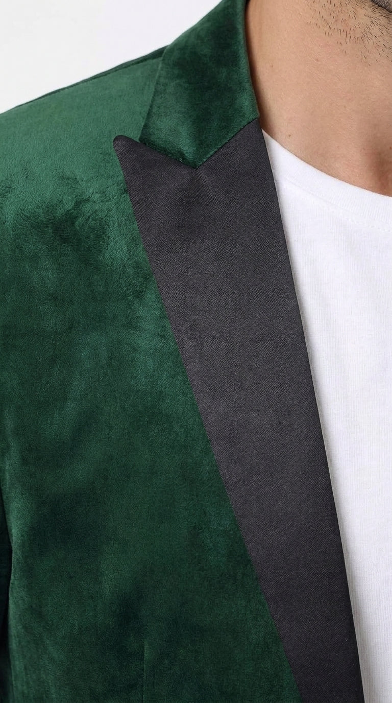 Men’s Hunter Green Velvet Prom Blazer Tuxedo Jacket with Black Peak Lapel
