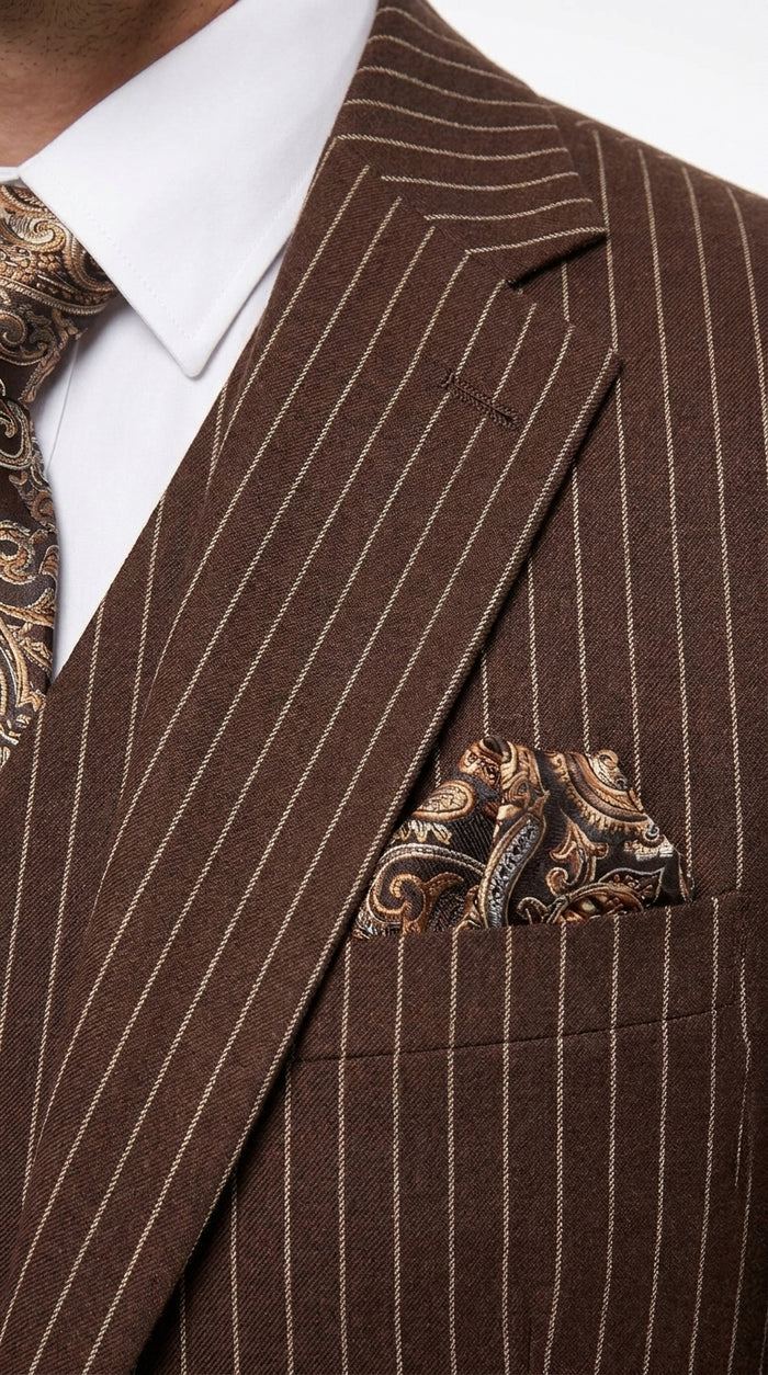 1920s Brown Pinstripe Suit for Men – 3 Piece Vintage Gangster Costume with Vest | Wide Pinstripe Classic Fit