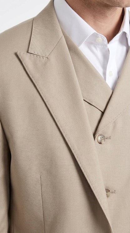 Tiglio Rosso Men’s Tan 3-Piece Italian Wool Suit – Classic Fit Peak Lapel Suit with Double-Breasted Vest and Pleated Wide-Leg Pants