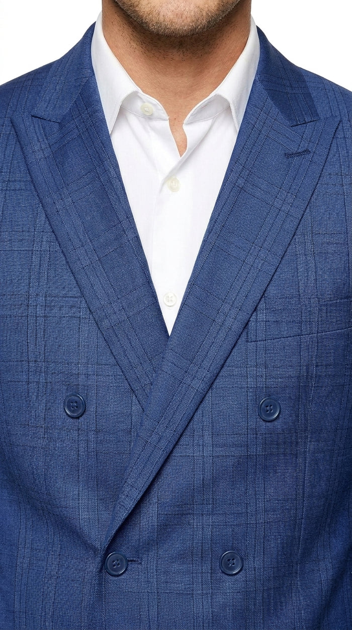Men’s Royal Blue Plaid Double-Breasted Suit – 1920s Gangster Windowpane Wedding and Formal Suit