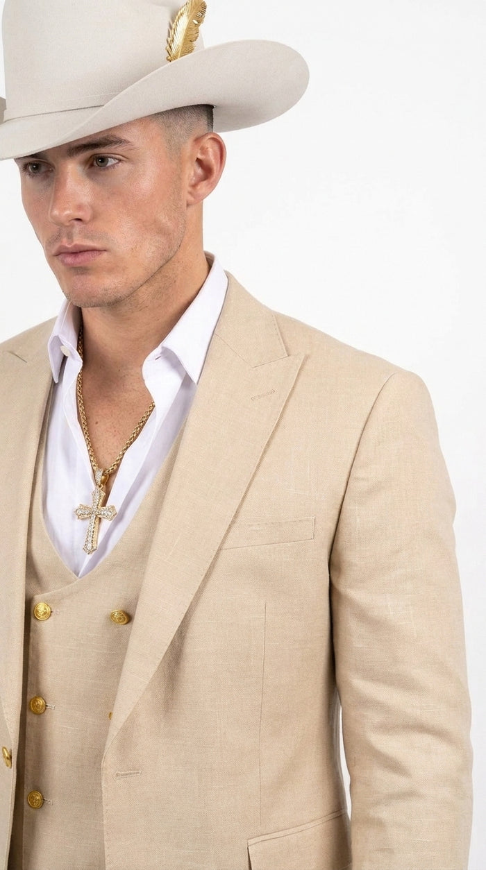Men’s Light Beige 3-Piece Suit – Peak Lapel Jacket, Double-Breasted Vest and Matching Pants