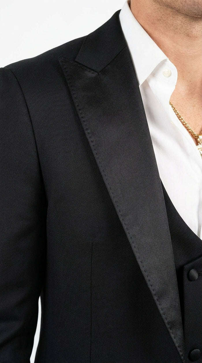 Men’s Black Western Tuxedo Suit – Satin Shawl Lapel Jacket with Double-Breasted Vest and Pants