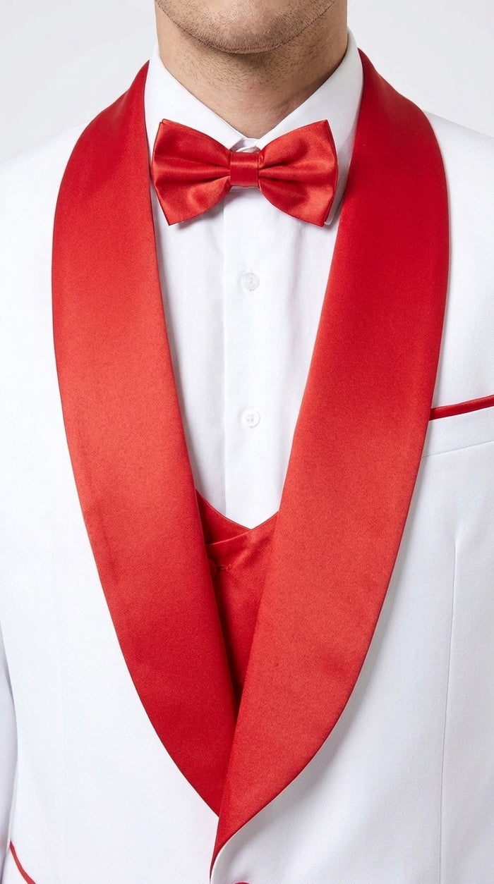 Men’s White and Red 3-Piece Tuxedo – One-Button Shawl Lapel Wedding, Prom and Formal Suit with Vest