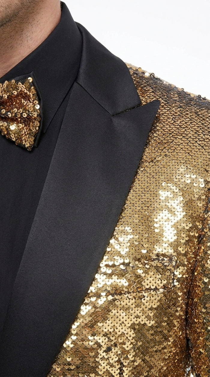Men’s Gold and Black Sequin Tuxedo Jacket – Christmas, New Year, Prom and Party Dinner Blazer