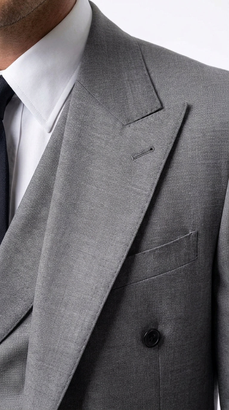 Tiglio Rosso Men’s Gray Super 150’s Italian Wool 3-Piece Suit – Double-Breasted Jacket, Vest and Wide-Leg Pants