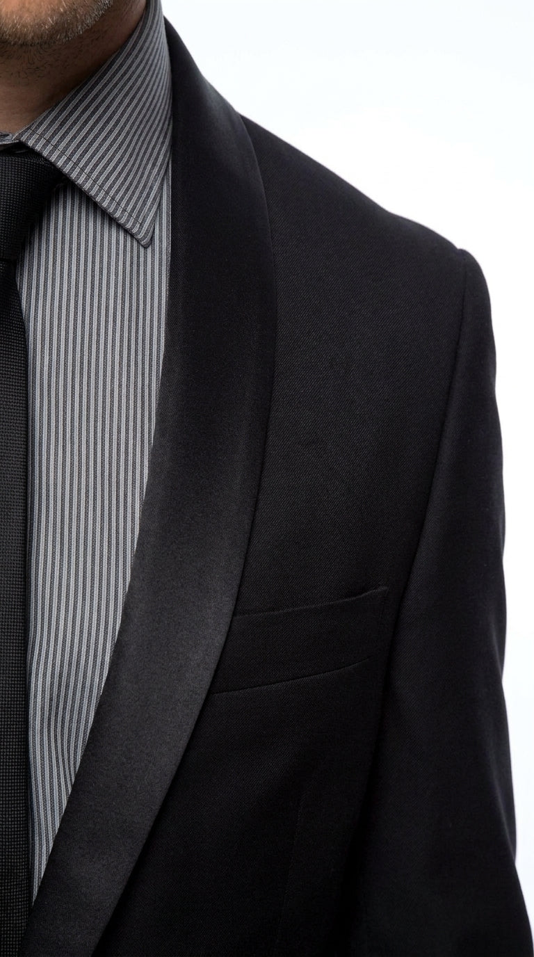 Men’s Black 1-Button Shawl Lapel Tuxedo – Wedding, Prom and Formal 2-Piece Suit