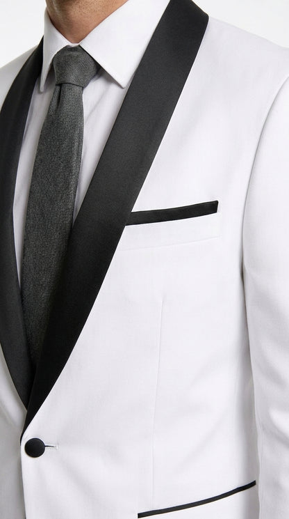 Men’s White 1-Button Shawl Lapel Tuxedo Jacket – Black Trim Wedding, Prom and Formal Dinner Blazer
