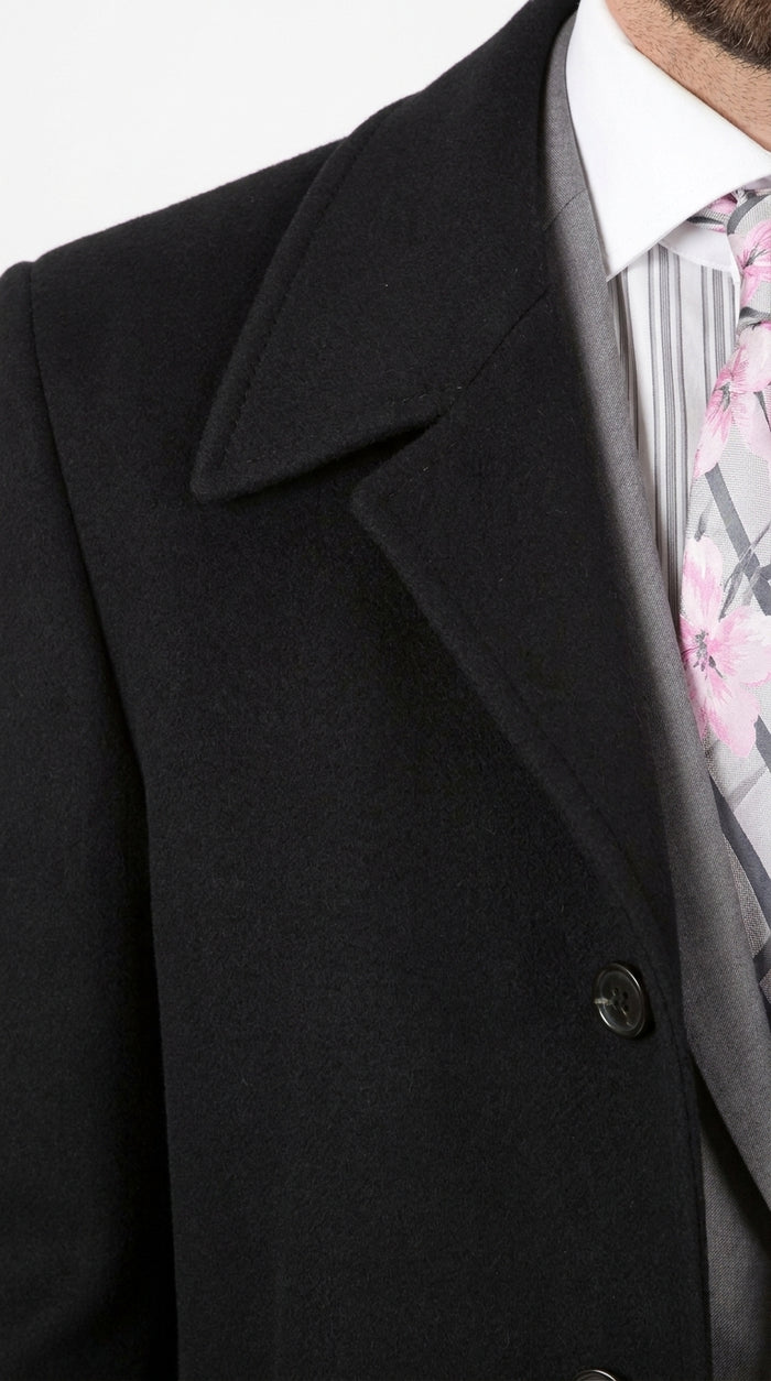 Men’s Black 100% Wool Gabardine Full-Length Overcoat – Wide Lapel Formal Top Coat