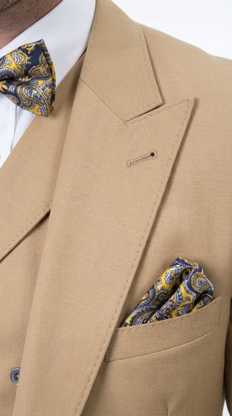 Men’s Camel 100% Wool 3-Piece Suit – One-Button Notch Lapel Suit with Double-Breasted Vest and Wide-Leg Pants