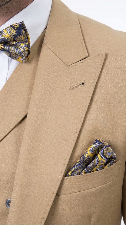 Men’s Camel 100% Wool 3-Piece Suit – One-Button Notch Lapel Suit with Double-Breasted Vest and Wide-Leg Pants