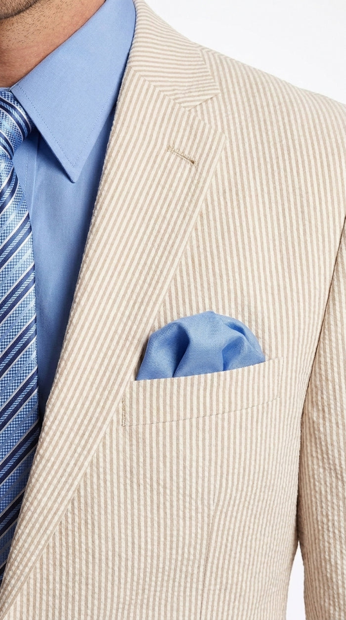 Men’s Tan Pinstripe Seersucker 2-Piece Suit – Lightweight Summer Wedding and Business Suit