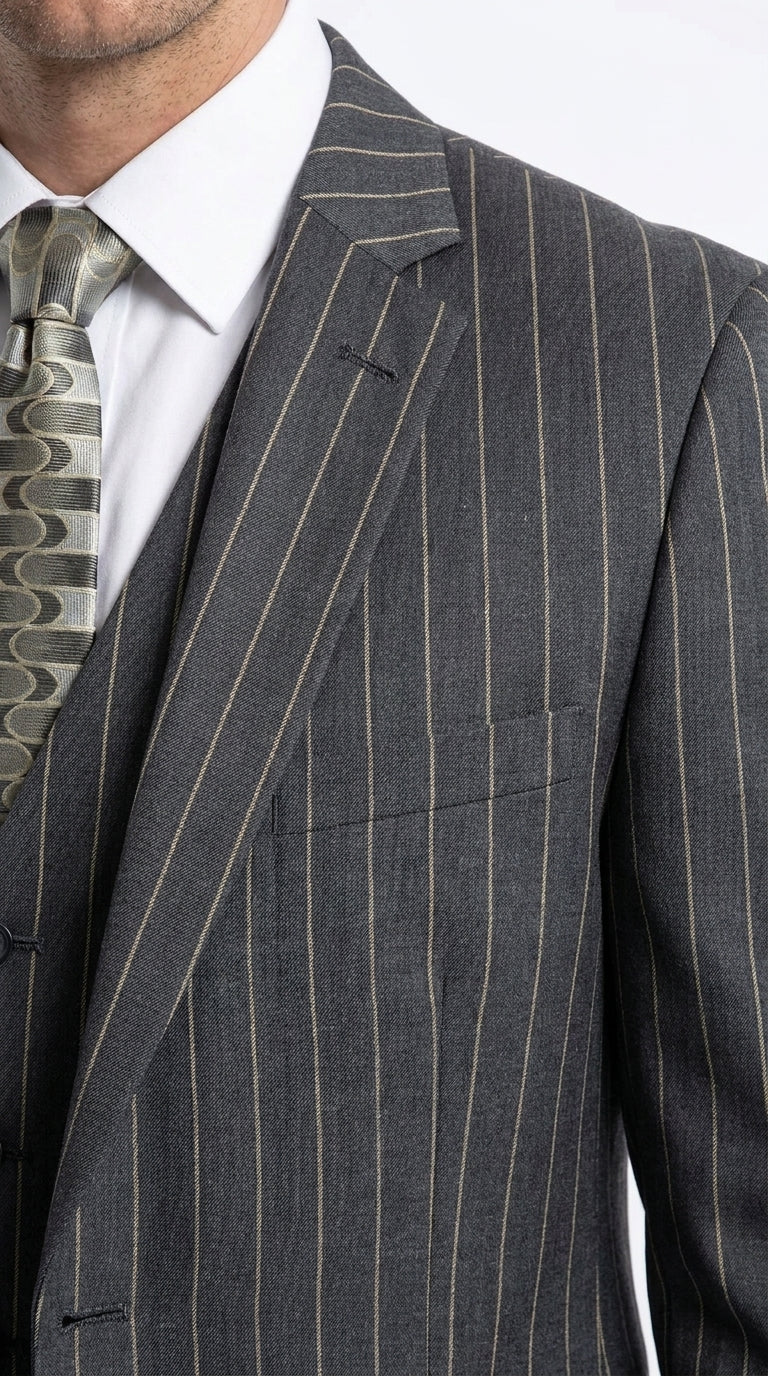 Men’s 3-Piece Gangster Pinstripe Suit – 2-Button Vintage Suit in Black, Grey or Burgundy