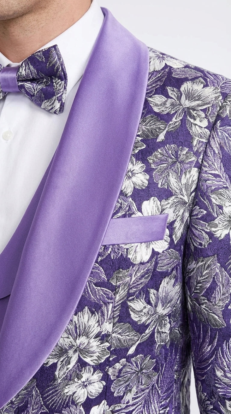 Men’s Purple Floral Prom Tuxedo – Shawl Lapel 3-Piece Wedding and Formal Suit