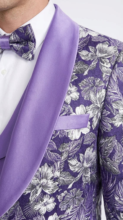 Men’s Purple Floral Prom Tuxedo – Shawl Lapel 3-Piece Wedding and Formal Suit