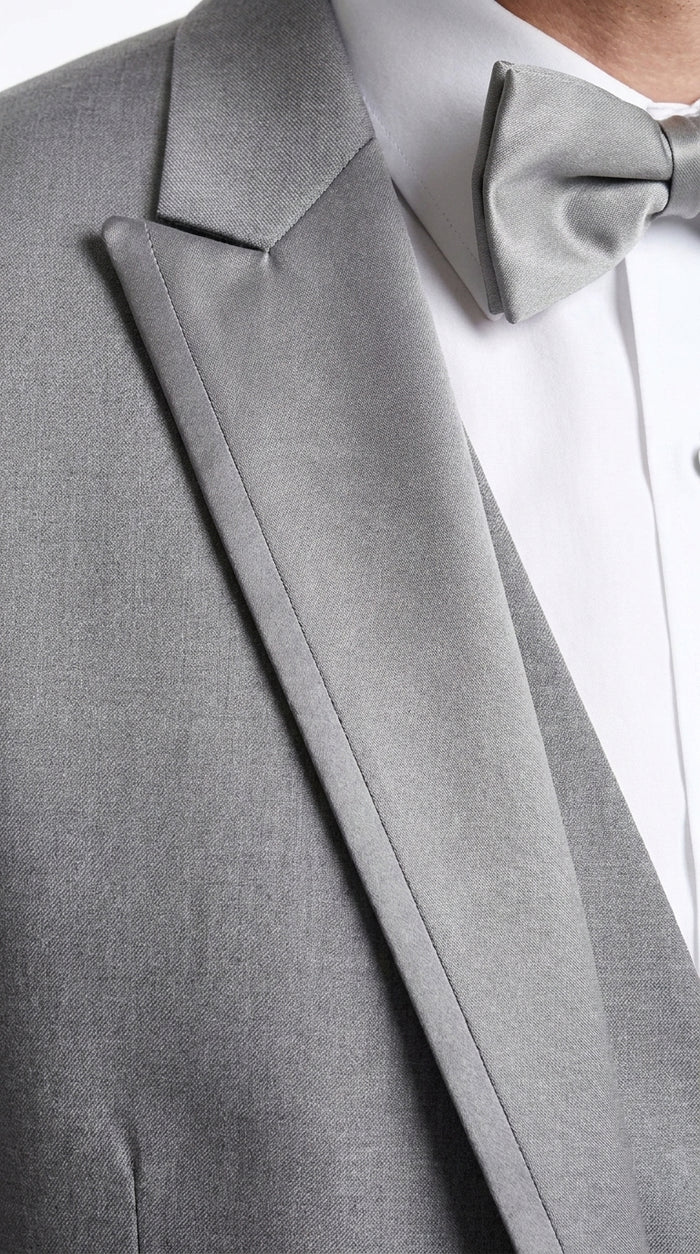 Men’s Light Grey Wedding Tuxedo Suit, Designer Formal Prom Groom Suit with Satin Trim