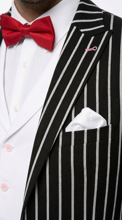Men’s Black 1920s Bold Pinstripe Gangster Suit with Vest, Vintage Formal Party Dress Suit