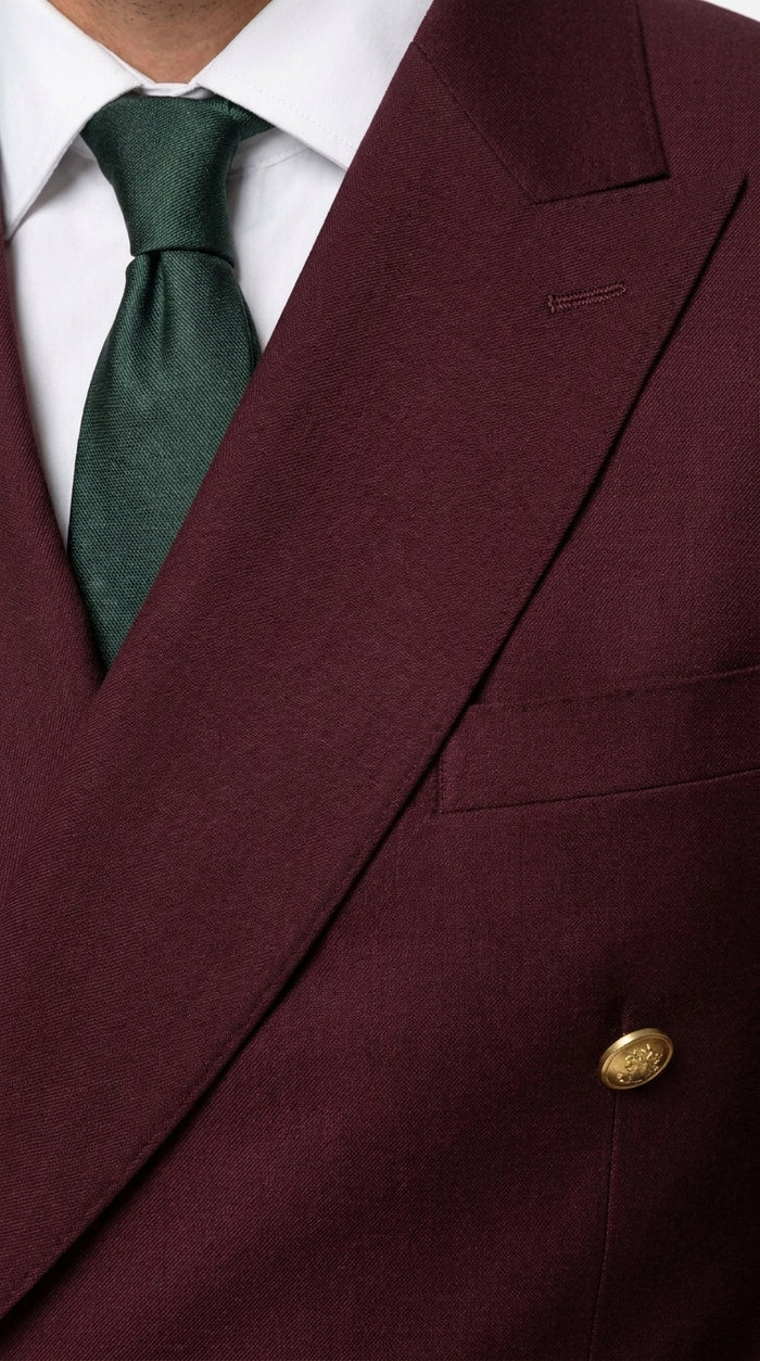 Men’s Burgundy Slim Fit Double Breasted Suit with Gold Buttons, Designer Formal Wedding Suit