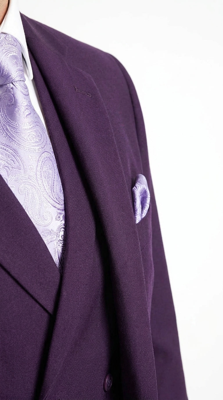 Men’s Purple Two Button Fashion Suit with Double Breasted Vest, Formal Wedding Prom Dress Suit