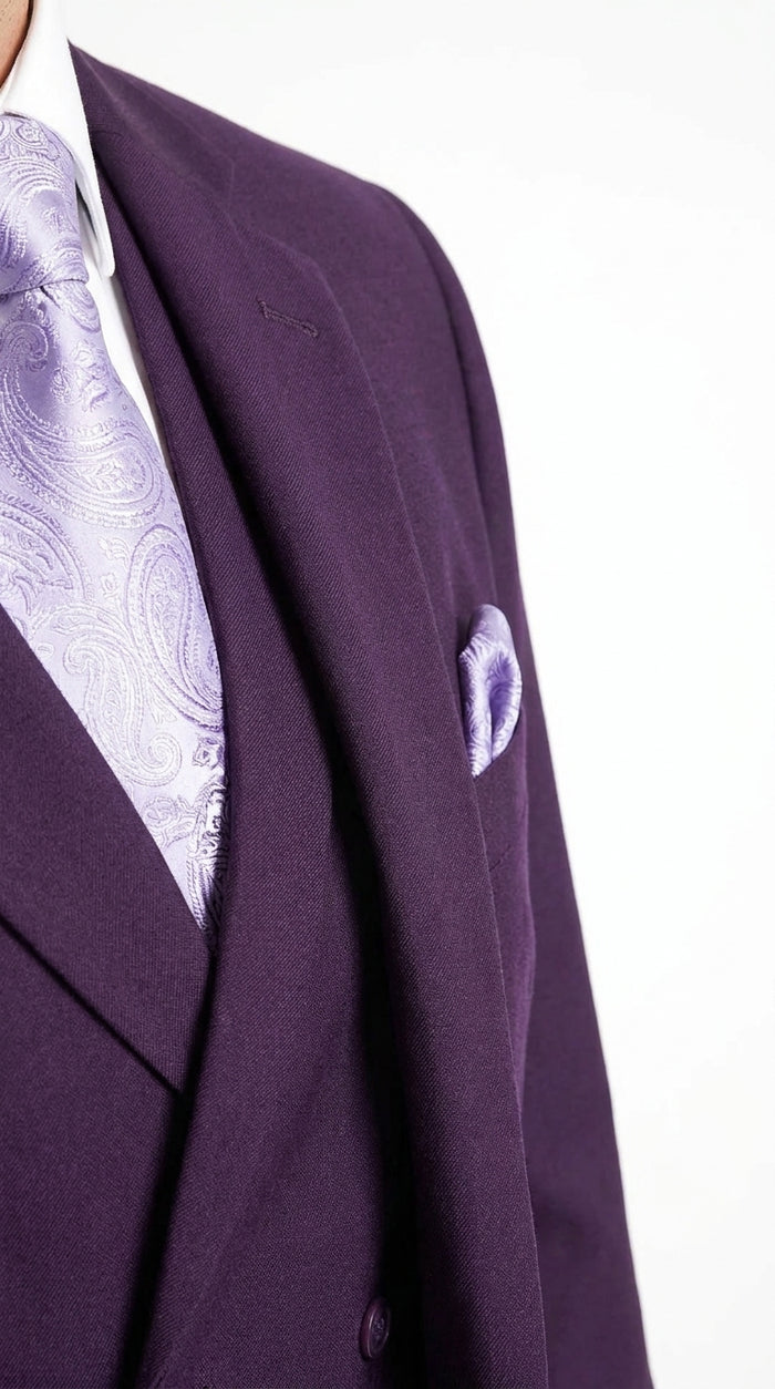 Men’s Purple Two Button Fashion Suit with Double Breasted Vest, Formal Wedding Prom Dress Suit