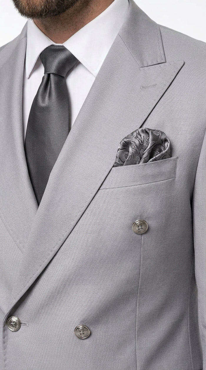 Rossi Man Men’s Silver Double Breasted Suit, Modern Fit Formal Wedding Prom Business Suit