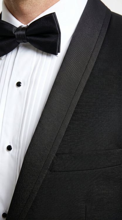 Men’s Black 1 Button Shawl Tuxedo with Black Satin Trim, Formal Wedding Dinner Suit