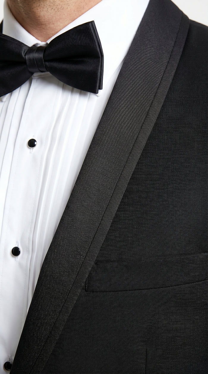 Men’s Black 1 Button Shawl Tuxedo with Black Satin Trim, Formal Wedding Dinner Suit