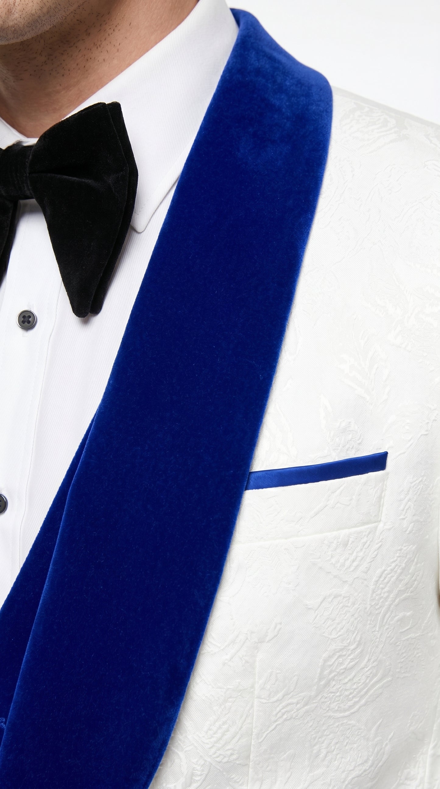 Men’s White Paisley Wedding Tuxedo with Royal Blue Velvet Shawl Lapel, Vested Prom Formal Suit Set