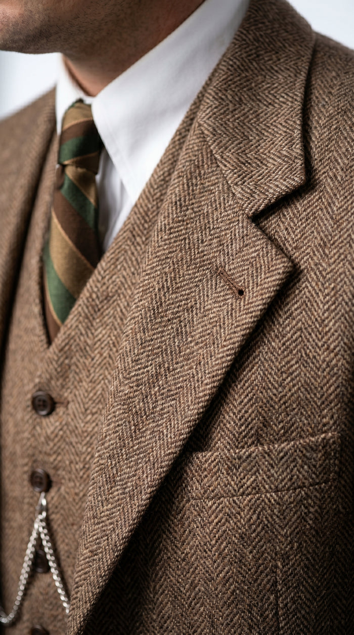Men’s Light Brown Tweed Herringbone 3 Piece Great Gatsby Suit, Vested Vintage Wedding Formal Suit Set
