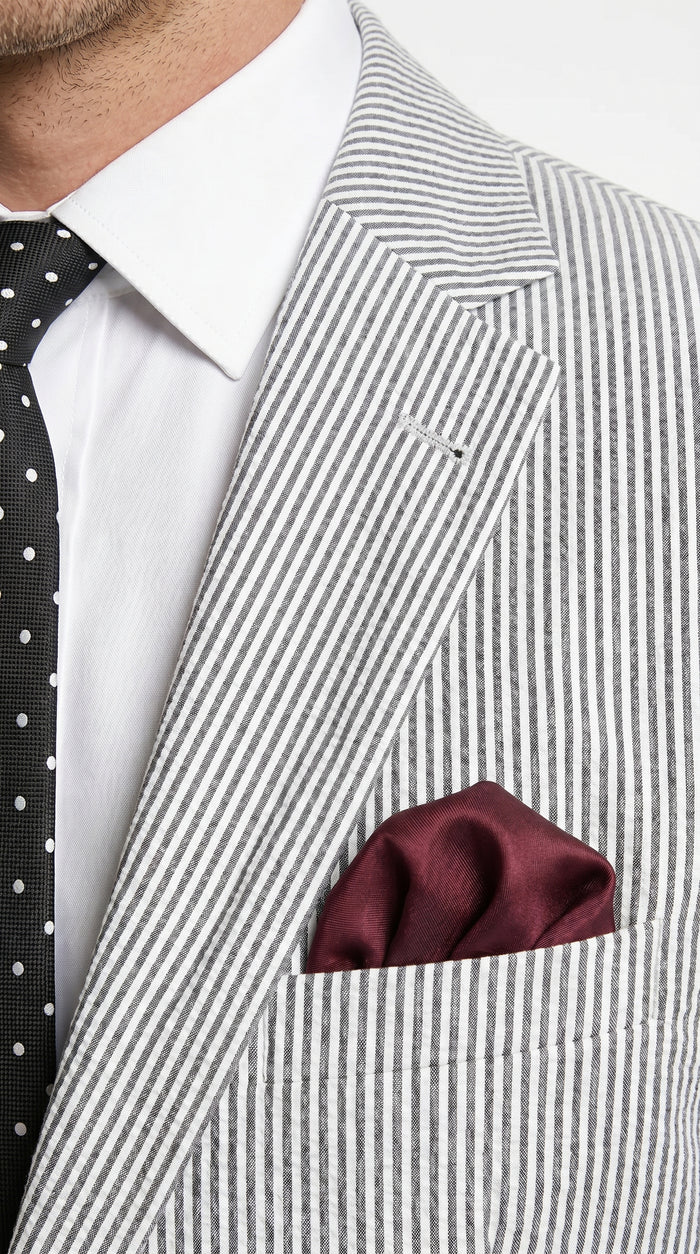 Men’s Black Pinstripe Summer Seersucker 2 Piece Suit with Jacket and Matching Pants