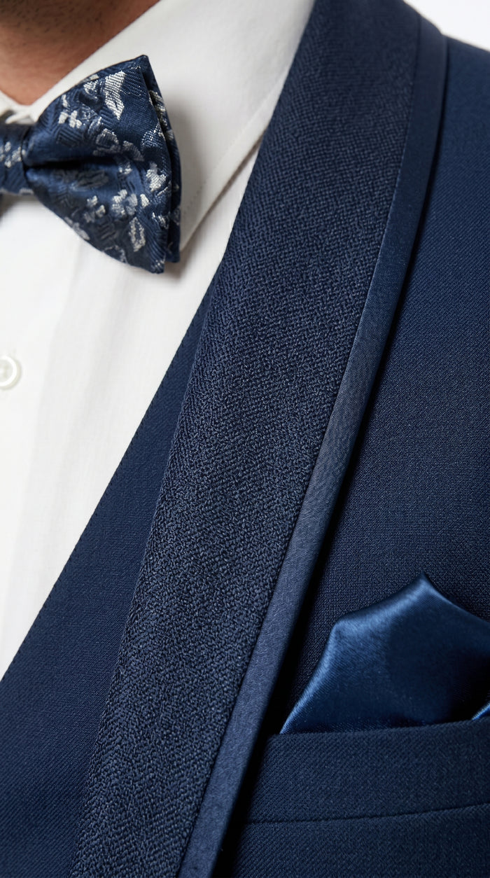 Men’s Sapphire Blue Vested Shawl Lapel Tuxedo with Satin Trim, Formal Wedding Prom Dinner Suit Set