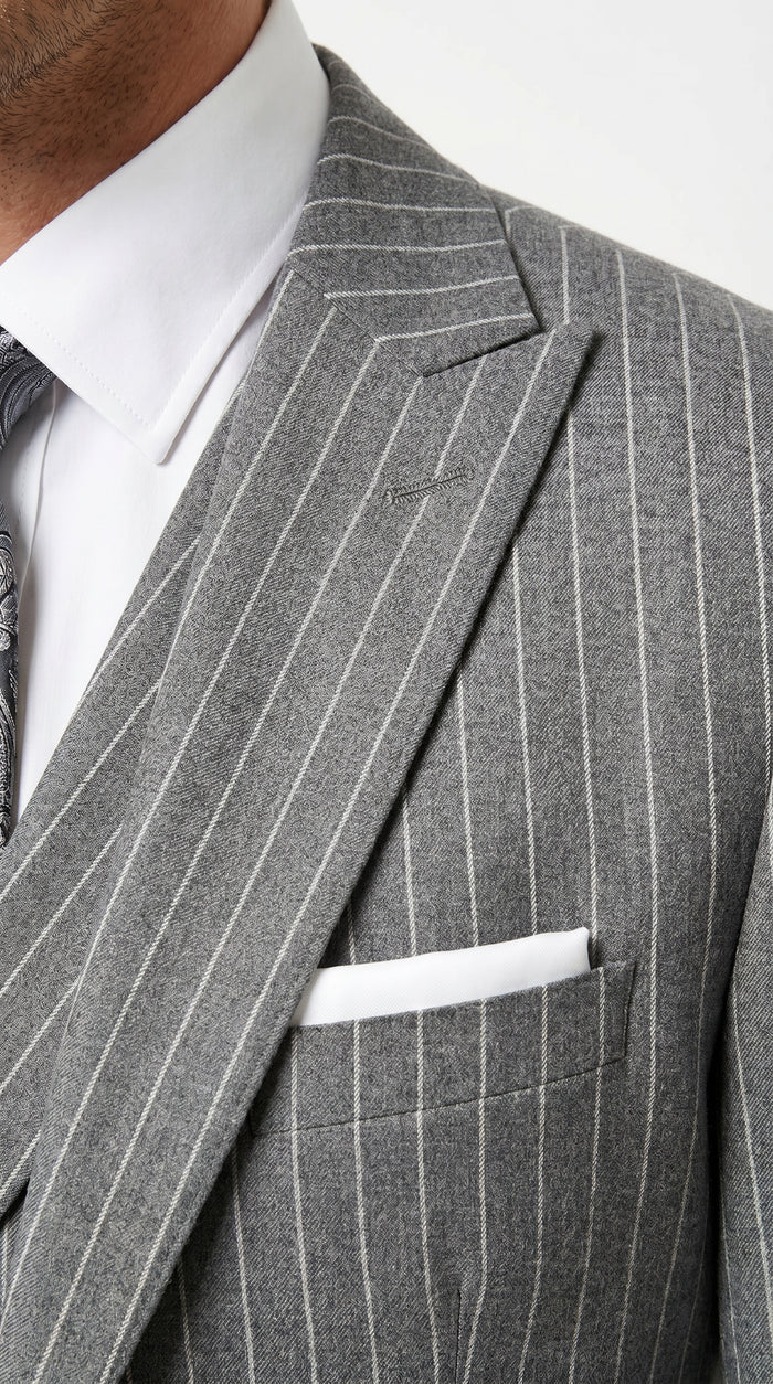 Men’s Gray Gangster Pinstripe 3 Piece Suit with 2 Button Jacket and Double Breasted Vest