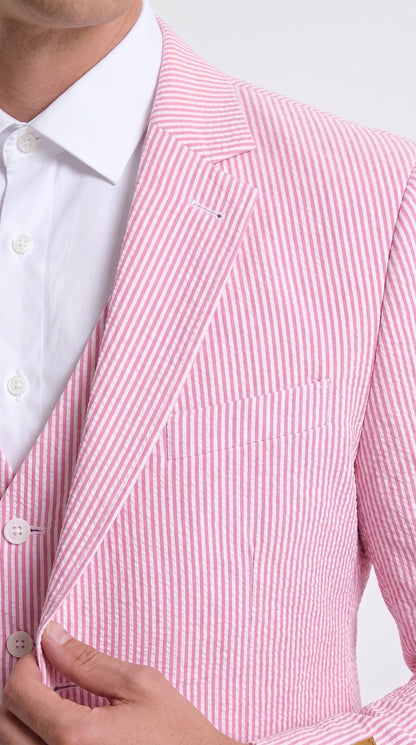 Men’s Red Pinstripe Seersucker Suit – 2 Piece Summer Suit Jacket and Pants