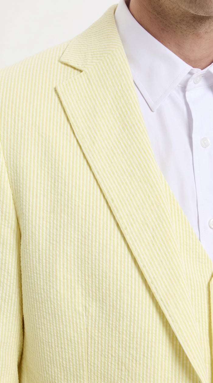Men’s Yellow Pinstripe Seersucker Suit – 2 Piece Summer Suit Jacket and Pants